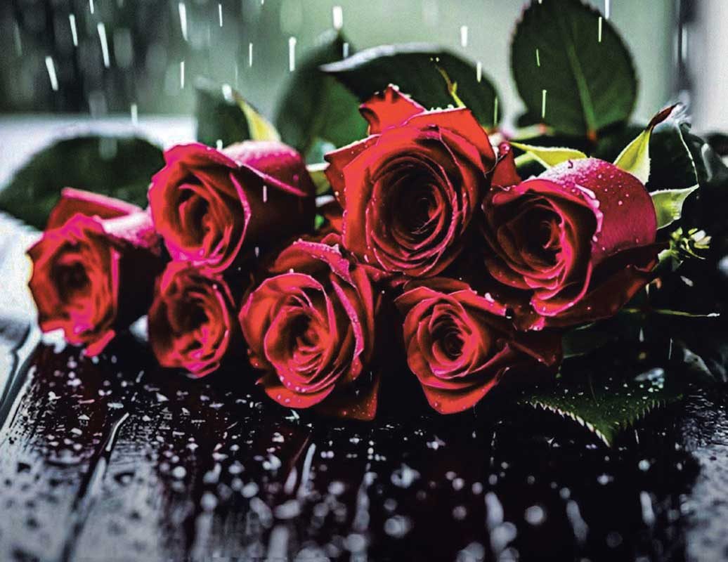 Bouquet of red roses in the rain